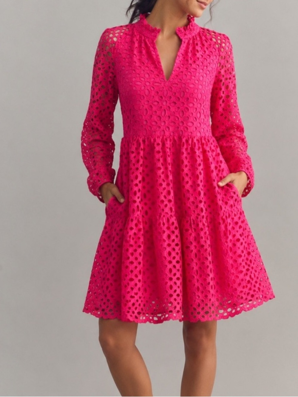 J. Crew Embroidered Eyelet L/S Tiered Dress Pink Preppy Sz L